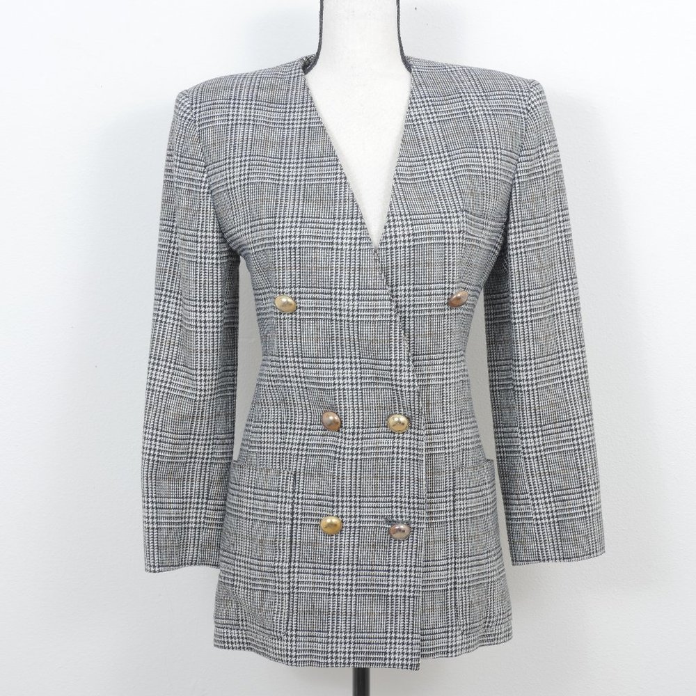 Jarrod's Ivory Black Plaid Retro Padded Shoulders Gold Buttons Size 3/4 Blazer